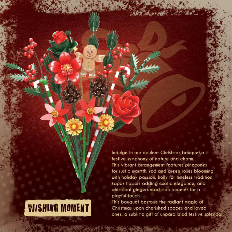 HUATEC Weihnachts Blumenstrauß Bausteine Set mit Rosen und Lebkuchen Puppen, Mehrfarbig, DIY Modell aus Kunststoff - Bild 3