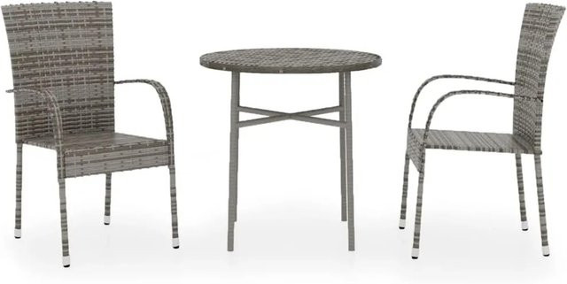 vidaXL 3-tlg Garten-Essgruppe aus Poly Rattan in Grau mit rundem Tisch für Terrasse und Außenbereich - Bild 1
