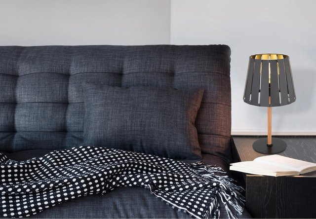 Globo Tischlampe Luna 1-flammig Schwarz Matt in Holzoptik mit E27 Fassung, Breite: 25 cm, Höhe: 45 cm - Bild 1