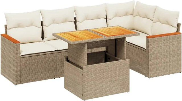 vidaXL 6-teilige Garten-Sofagarnitur aus Poly-Rattan und Akazienholz in Beige und Cremeweiß - Bild 1