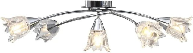 vidaXL Deckenleuchte aus verchromtem Stahl mit transparenten Glasschirmen in Tulpenform für 5 E14 Glühlampen, Farbe: Chrom/Transparent - Bild 1