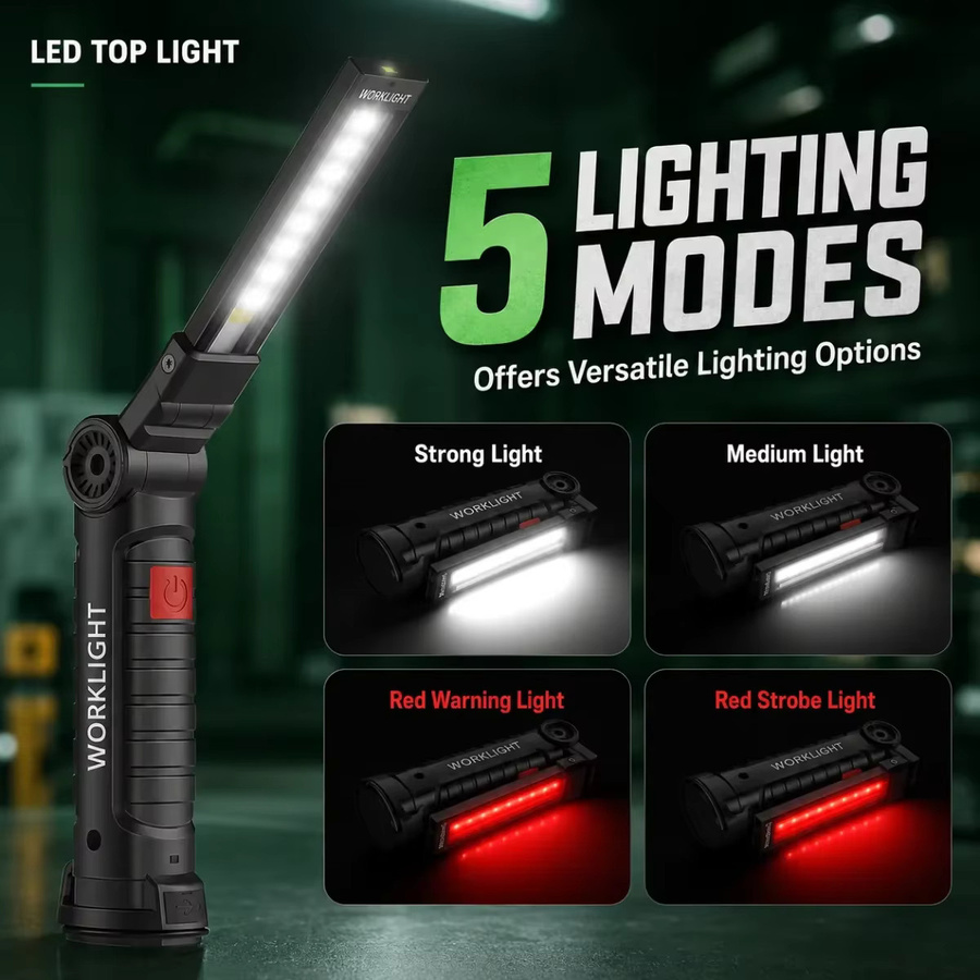 XIWANGFIRE COB LED Arbeitsleuchte mit 360 Grad Drehung, USB-aufladbare Magnet-Taschenlampe mit Haken in Schwarz - Bild 2