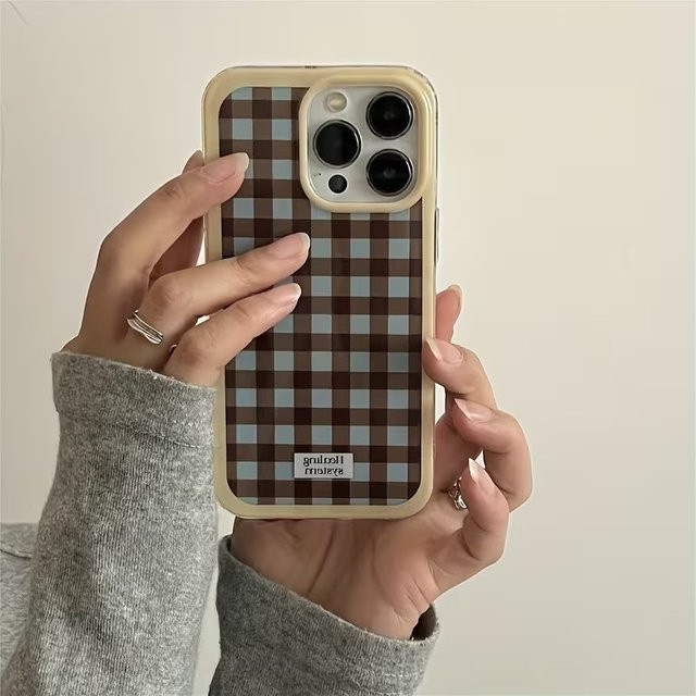 Karierte Handyhülle für Apple iPhone in Braun und Gelb als Soft Clear Cover - Bild 1