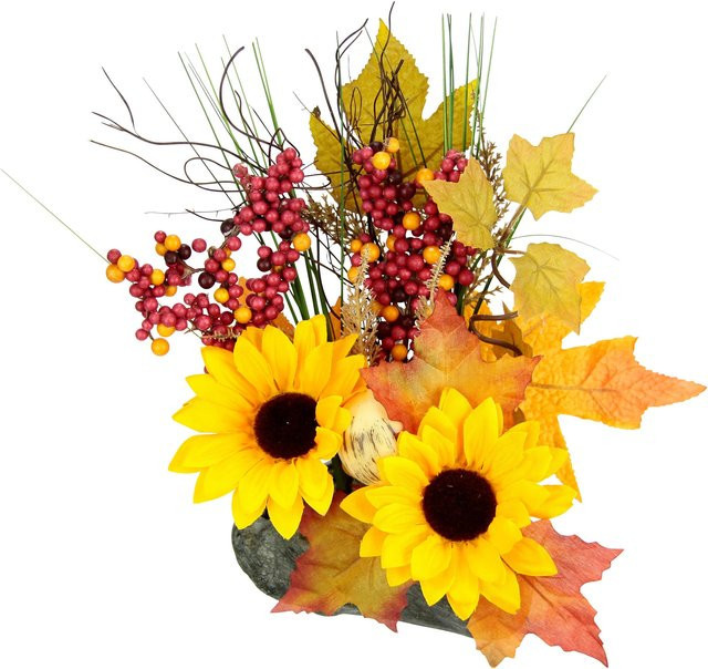 Kunstblumengesteck Sonnenblumen auf Stein in Gelb und Orange im rustikalen Design von MODERNE HAUSFRAU - Bild 1