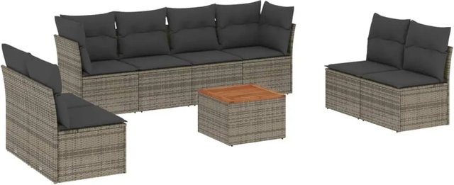 vidaXL 9-tlg Garten-Sofagarnitur in U-Form aus Polyrattan und Akazienholz mit Kissen in Grau - Bild 1