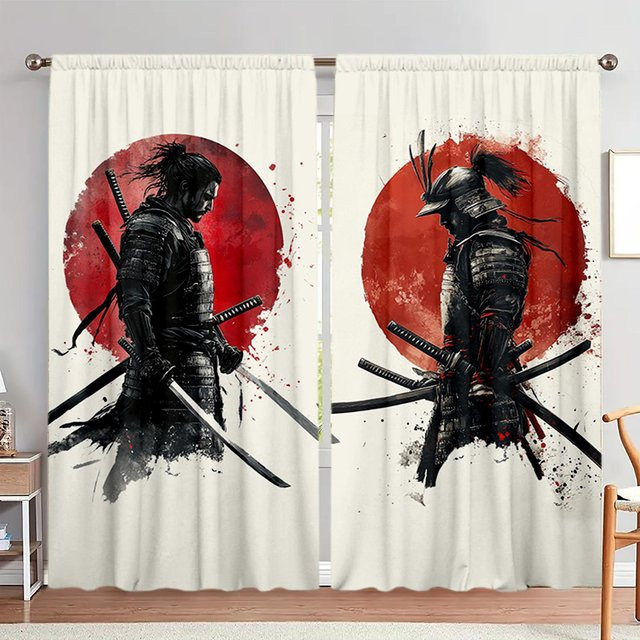 2er-Set Samurai Vorhang mit Tuschemalerei-Stil in Schwarz und Multicolour, halbtransparentes Fensterdekoration aus Polyester, Breite: 52,5 cm, Höhe: 116 cm - Bild 1