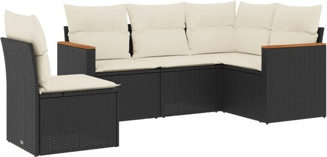 vidaXL 5-teilige Garten-Sofagarnitur in L-Form aus Poly-Rattan und Akazienholz mit Kissen in Schwarz - Bild 1