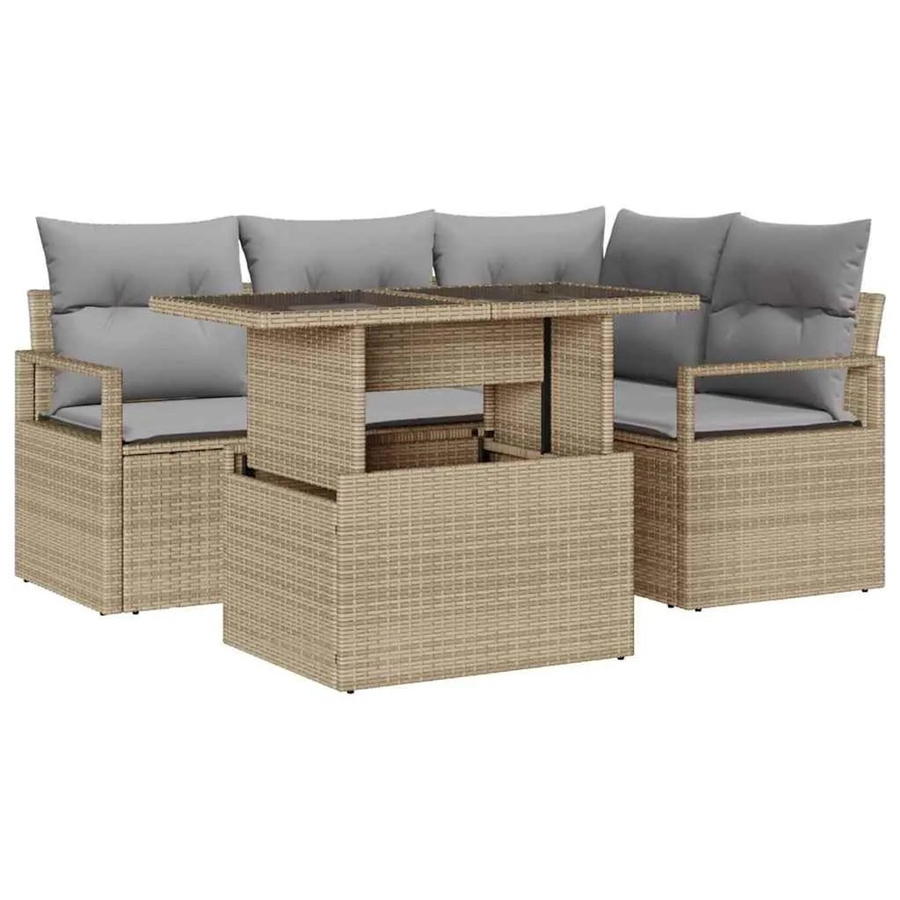 vidaXL Garten-Sofa-Set aus Poly-Rattan in Beige und Grau, 5-teiliges L-Shape Set mit Tisch und Kissen - Bild 2