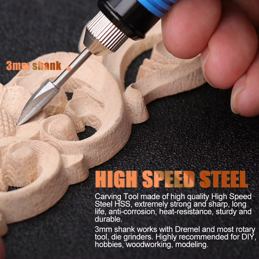 CMCP 5-teiliges Holzschnitz-Bohrer-Set für Dremel-Drehwerkzeuge mit 3 mm Schaft, Gravurbohrer Zubehör für DIY-Schnitzarbeiten - Bild 3