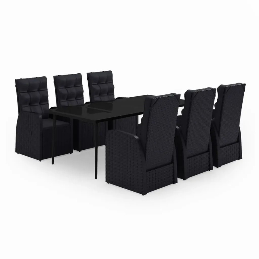 vidaXL 7-teilige Garten-Essgruppe aus PE-Rattan und pulverbeschichtetem Stahl in Schwarz mit Glasplatte und Kissen - Bild 2