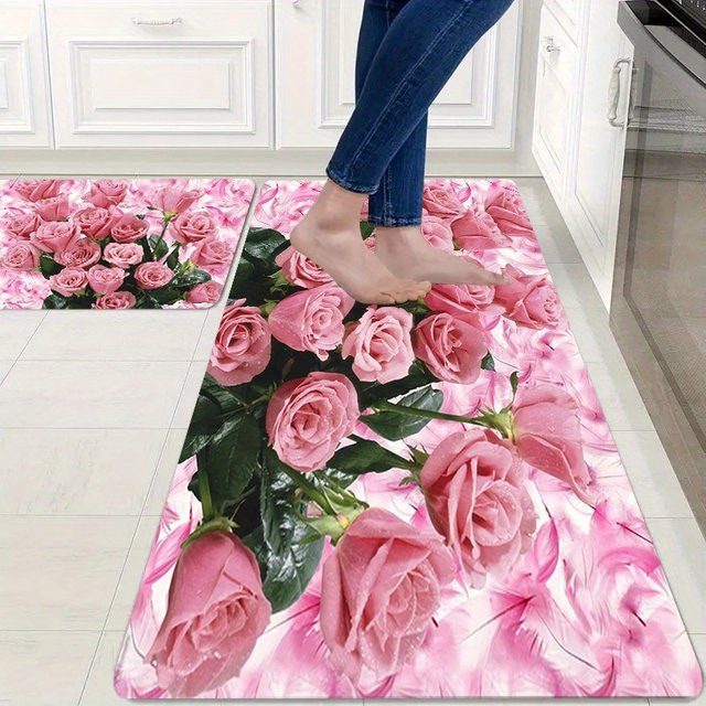 VIKAMA Bodenmatte mit rosa Rosenmuster, rutschfest und wasserabsorbierend, B/T: 60 x 40 cm - Bild 1