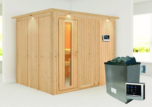 Karibu Sauna Gunda mit 9,0 kW Ofen, externem Steuergerät und LED-Dachkranz in Natur/Braun, B/T/H: 231 x 210 x 196 cm - Bild 1