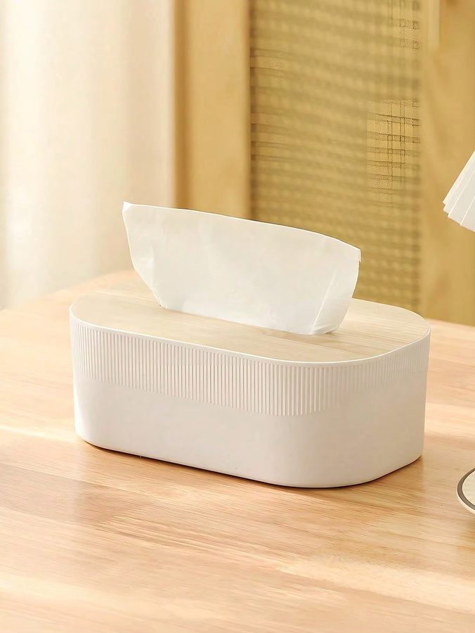 Desktop-Taschentuchbox aus Kunststoff und Holz in Weiß für Wohnzimmer, Couchtische und Restaurants - Bild 1
