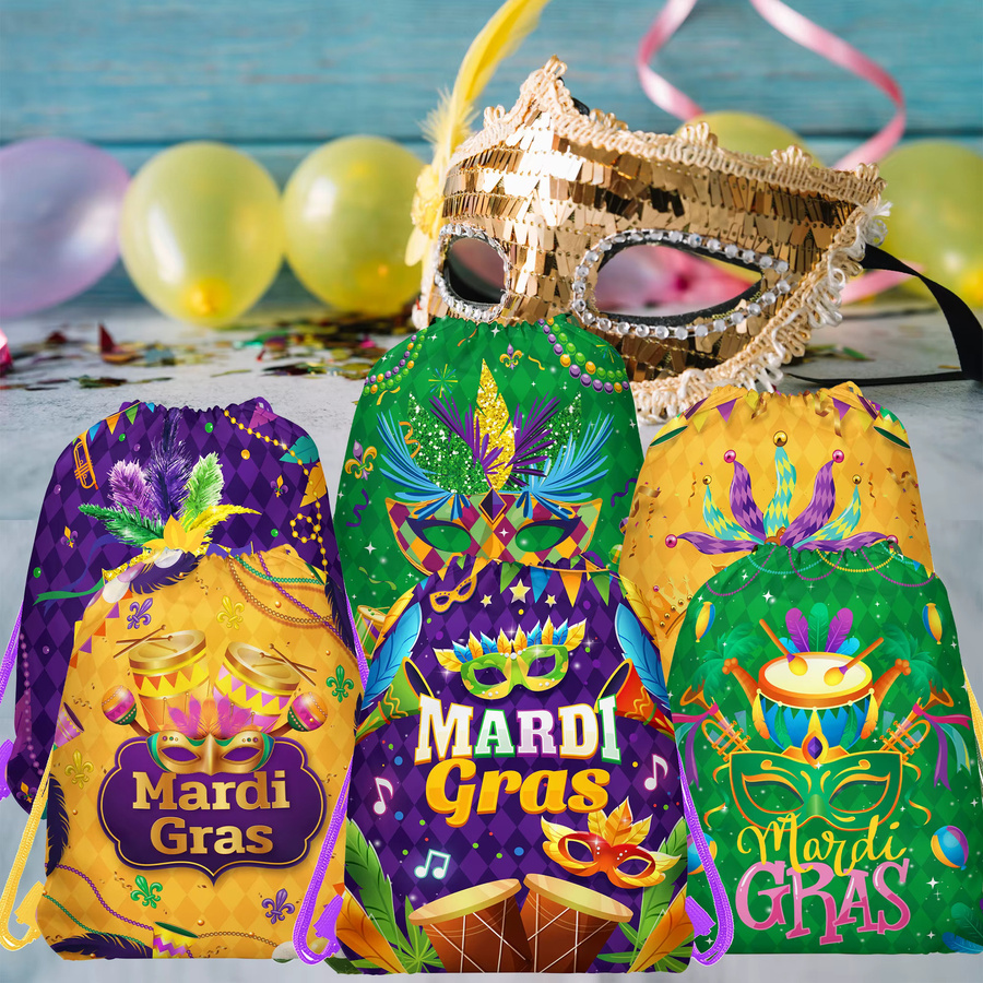 10 Stück Mardi Gras Vlies-Geschenkbeutel mit Maskenmuster und Kordelzug in Multicolour als Partyzubehör und Aufbewahrungsbeutel - Bild 5