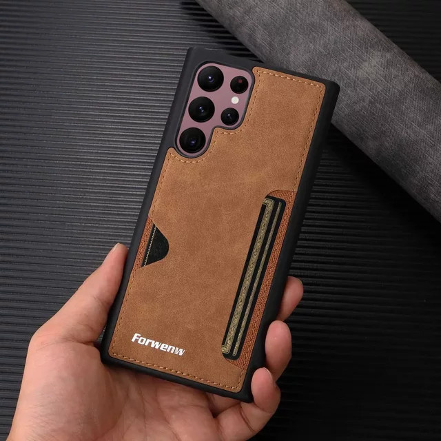 Retro Karten-Lederhülle für Samsung Galaxy S26 S25 S24 Ultra S23 FE Plus A16 A15 A17 A37 A57 A35 A14 A36 A56 A34 A54 A13 A33 A53 in Schwarz und Braun - Bild 1