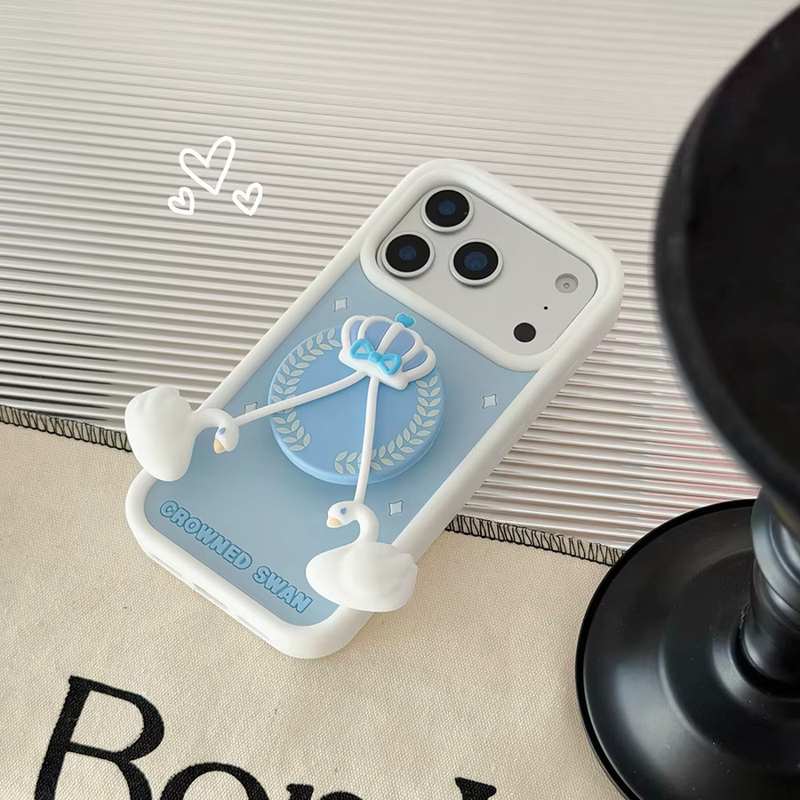 Silikon Handyhülle mit 3D-Krone und Schwan-Anhänger für Apple iPhone 12 bis 17 Pro Max inklusive Ständer in Blau - Bild 2