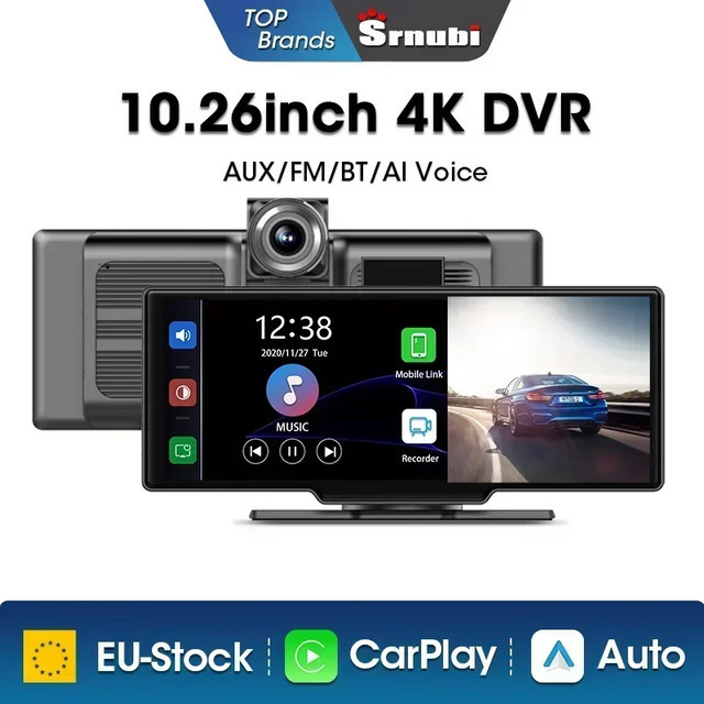 Srnubi 10,26 Zoll Dash Cam mit 4K UHD Auflösung, Android Auto und Apple CarPlay, Dual Len Recorder mit GPS, WIFI und Bluetooth in Schwarz - Bild 1