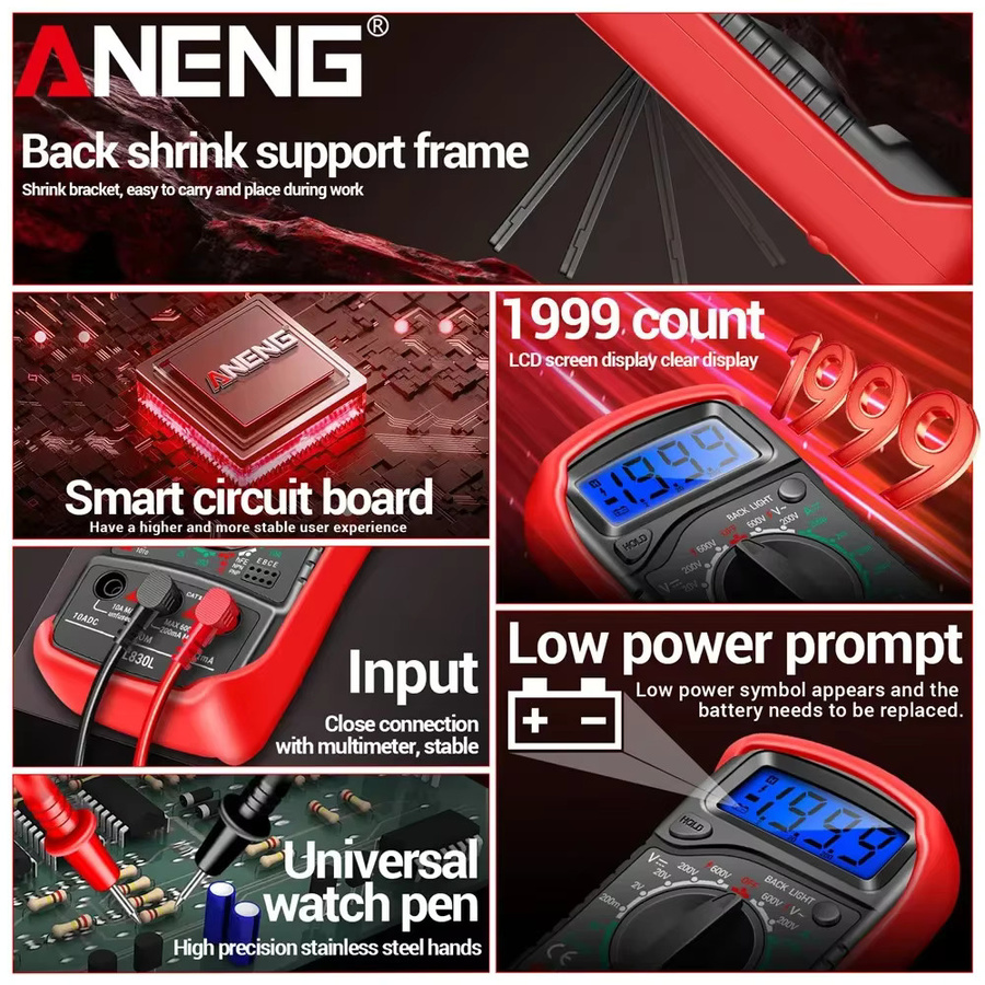 ANENG XL830L AC/DC-Multimeter in Blau und Rot mit Spannungsmesser, Amperemeter und HFE-Transistortester - Bild 2