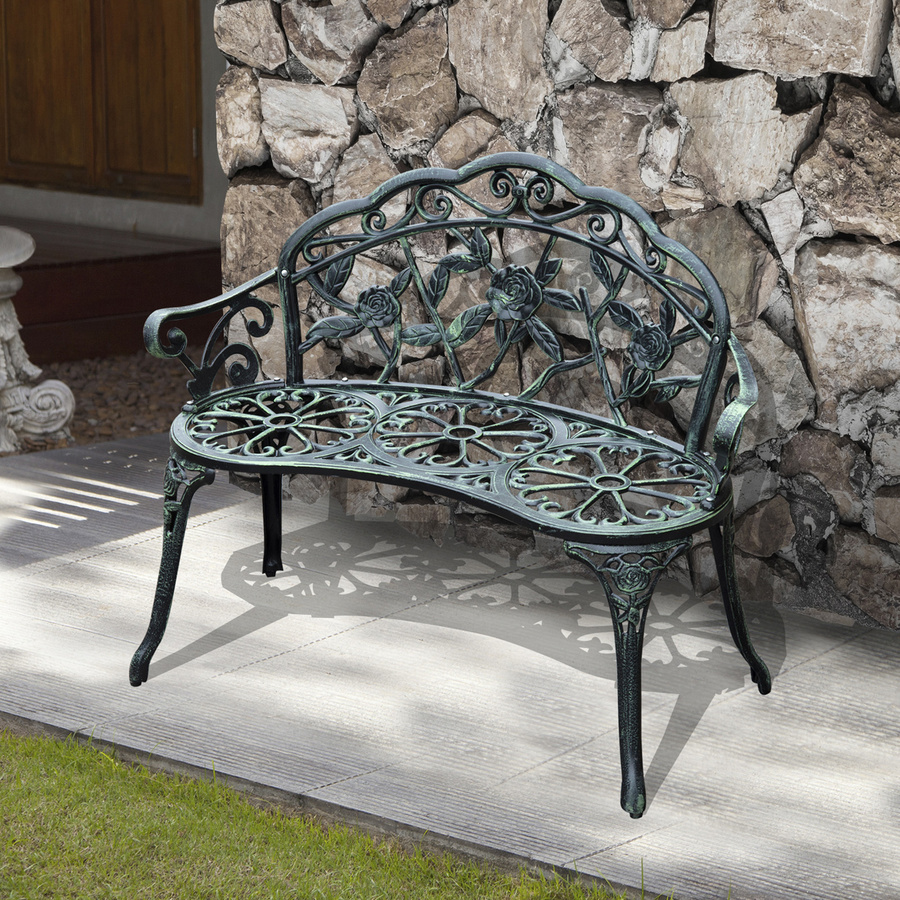 Outsunny Gartenbank 2-Sitzer aus Gussaluminium und Gusseisen mit Blumenmuster in Grün Antik, B/H/T: 100 x 78 x 54 cm - Bild 2
