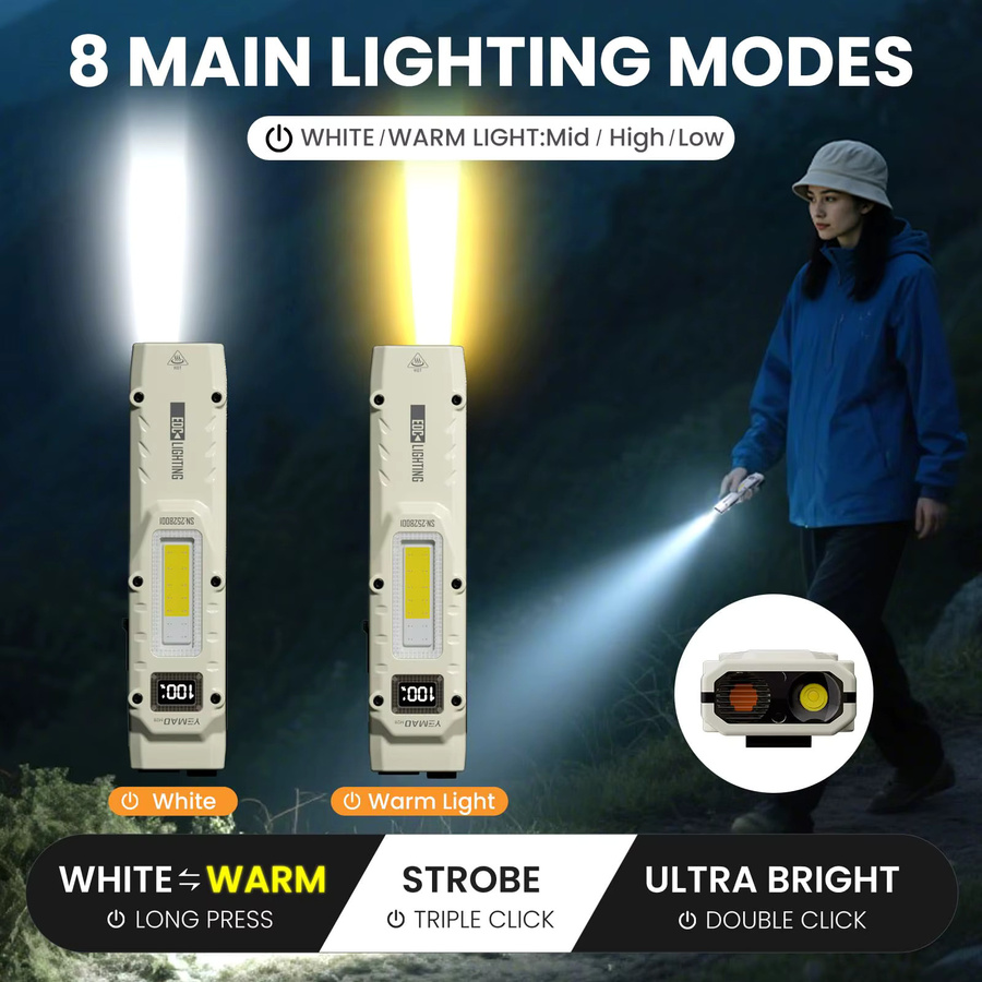 YEMAO Taktische EDC-Taschenlampe mit 1100 lm LED, wiederaufladbar, Digitalanzeige und Clip, Schwarz - Bild 6