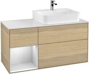 Villeroy & Boch Finion Waschtischunterschrank mit Abdeckplatte und Regal links in Weiß Matt Lacquer und Eichenfurnier, Breite: 120 cm, Tiefe: 50,1 cm, Höhe: 50,1 cm - Bild 1