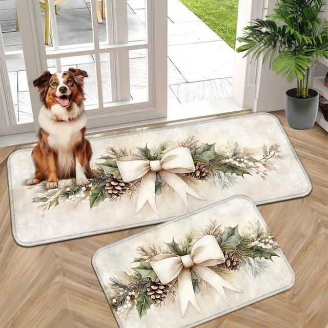 VIKAMA Weihnachtliche Fußmatte mit Schleife und Stechpalmenblatt für den Innenbereich, rutschfest, Home Decor - Bild 1