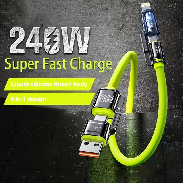 VBNM 4-in-1 Silikon Schnellladekabel mit 240W für iPhone, Samsung und weitere Geräte in Grau und Grün - Bild 1