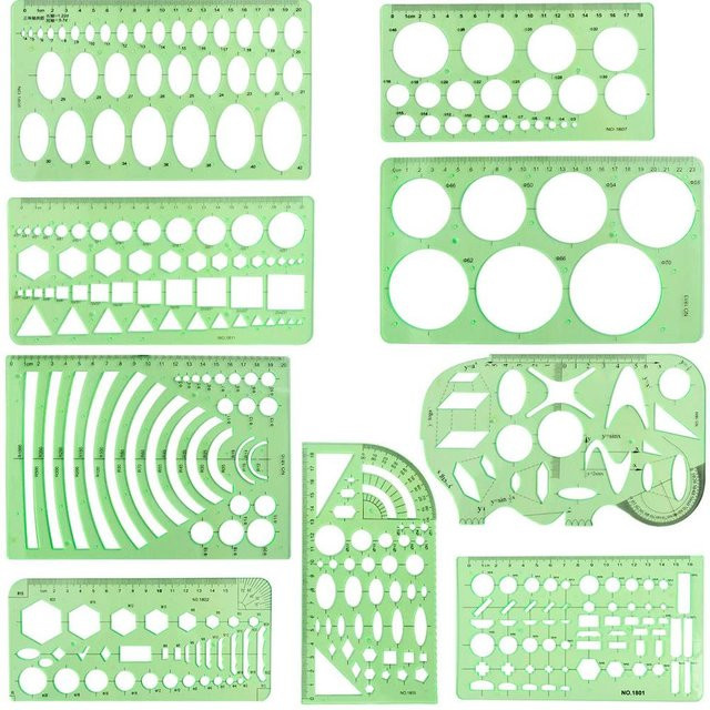TOMTOP JMS Zeichenvorlagen Set aus Kunststoff, 9 Stück geometrische Lineale in Grün für Ingenieurwesen und Bauwesen - Bild 1