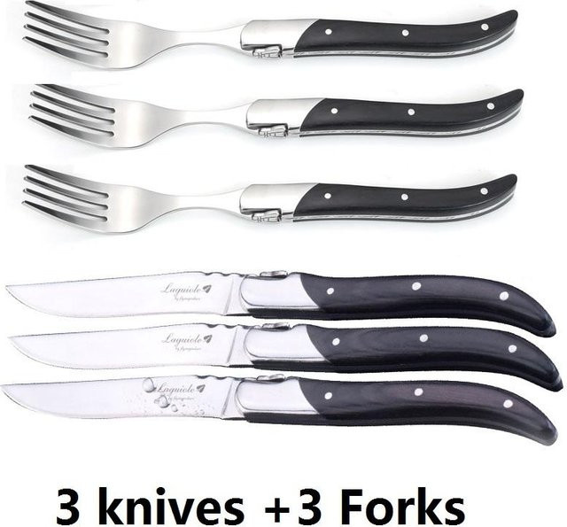Laguiole von Flyingcolors Steakmesser und Gabel Set mit schwarzem Holzgriff, 6 Stück - Bild 1
