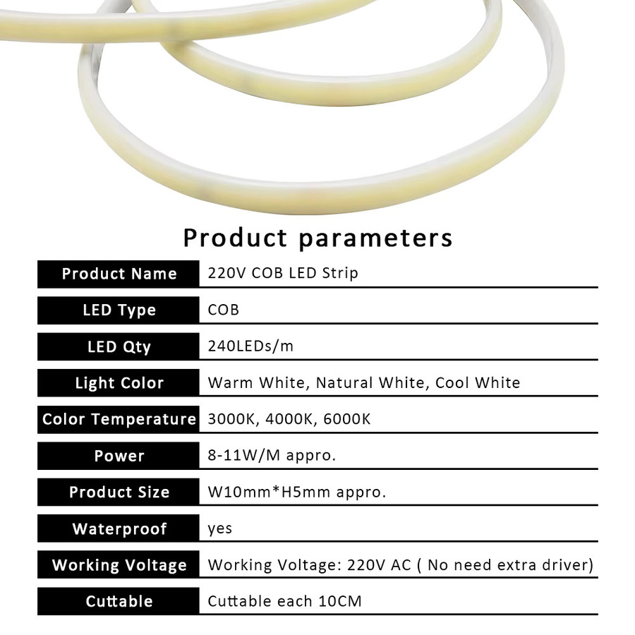 MJJC COB LED Streifen Licht IP67 Wasserdicht mit EU Stecker, 240 Leds/m, Weiß - Bild 3