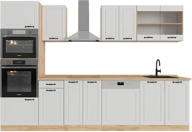 Vicco R-Line Küchenzeile Landhaus Weiß und Eiche mit Hochschrank Breite: 300 cm, Höhe: 207 cm, Tiefe: 46 cm - Bild 1