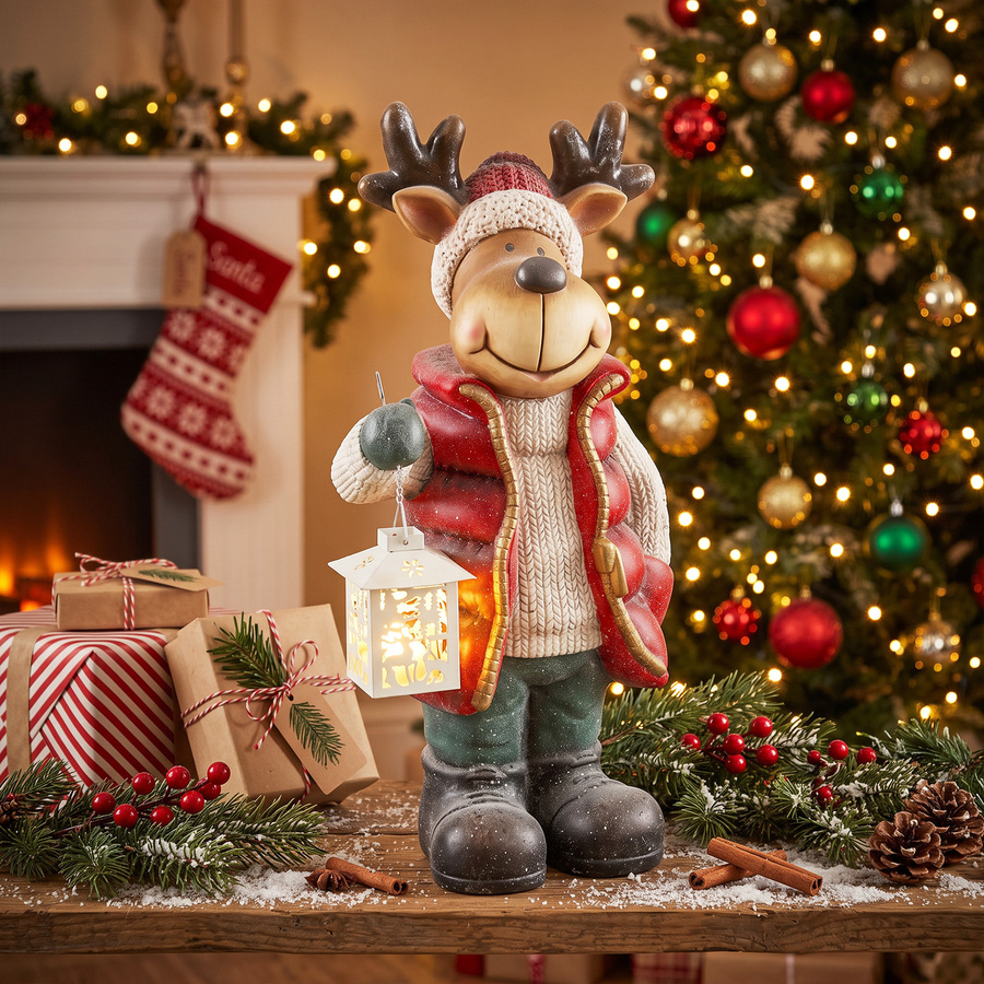 HOMCOM Weihnachtsdeko Figur Rentier mit Laterne und LED-Licht in Rot, Höhe: 52 cm - Bild 2