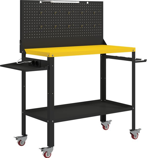 HOMCOM Werkbank mit Lochwand und Rollen, Arbeitstisch mit Steckdosen, USB, LED-Leuchte und Metallgestell, Tragfähigkeit 300 kg, Schwarz und Gelb, B/T/H: 128 x 49,5 x 127,5 cm - Bild 1