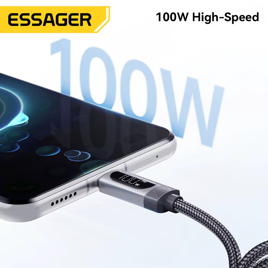 Essager 100 W Auto-Feder-Typ-C-Kabel für schnelles Aufladen von iPhone, Xiaomi, Samsung, MacBook und iPad in Schwarz oder Grau - Bild 4