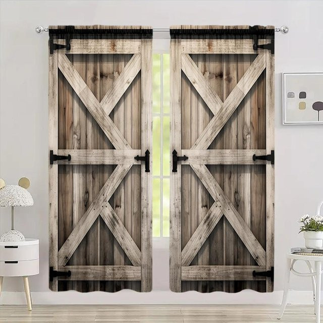 2er-Set Shabby Retro Vorhänge mit Holztür-Design in Braun, 3D Digitaldruck, semi-transparent, B: 85 cm, H: 200 cm - Bild 1