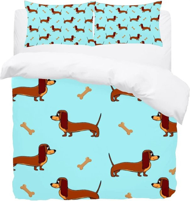 Bettwäscheset mit Cartoon-Dackel von Your Warm Home in Blau, bestehend aus Bettbezug und Kissenbezügen aus Polyester, B/H: 173 x 218 cm und 50 x 70 cm - Bild 1