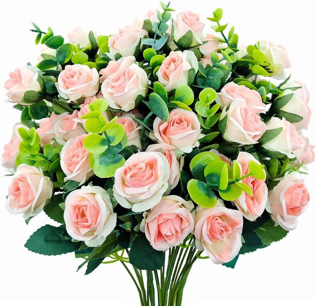 Künstliches Rosenbouquet mit Eukalyptus-Blättern aus Seide in Weiß und Pink für Dekorationen bei Hochzeiten oder Partys - Bild 1