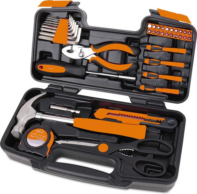 FATCOOL 39-teiliges DIY Haushaltswerkzeug-Set mit Schraubendrehern, Zangen, Hammer, Schraubenschlüssel und Maßband in Mehrfarben im Hartschalenkoffer - Bild 1