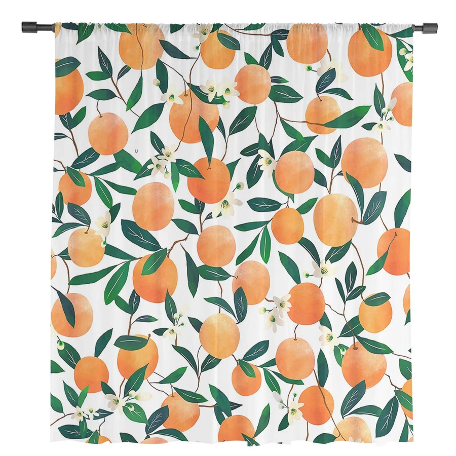 Yiran Furniture Transparentes Voile-Vorhang mit Orangefarbenem Blumen- und Blattmuster aus Chiffon, Breite: 135 cm, Höhe: 114 cm - Bild 2