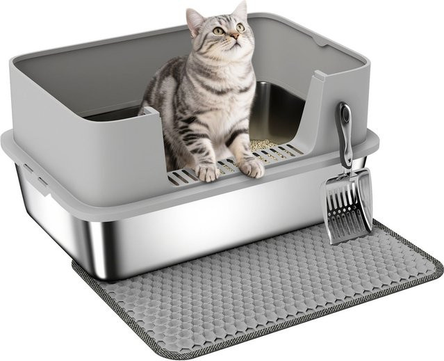 PawHut Katzentoilette aus Edelstahl in Grau mit hohem Rand und Schaufel - Bild 1