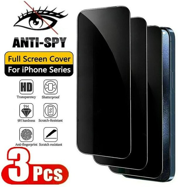 3 Stück Lifengfeng Anti-Spy Sichtschutz Displayschutz aus gehärtetem Glas für iPhone 11 12 13 14 15 16 17 Pro Max und weitere Modelle, Schwarz - Bild 1