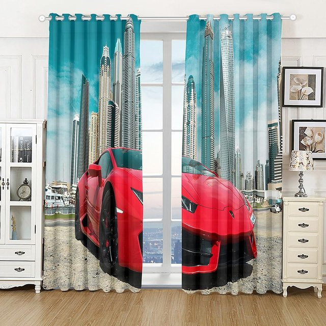 Halbsonnenlicht-Vorhang mit 3D-Druck Stadt-Sportwagen-Landschaft aus Polyester, Mehrfarbig, B/H: 220 x 214 cm - Bild 1