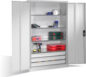 C+P Werkzeugschrank aus Stahl mit Drehtüren, 4 Böden und 3 Schubladen, Farbe Lichtgrau, H x B x T: 195 x 120 x 50 cm - Bild 1