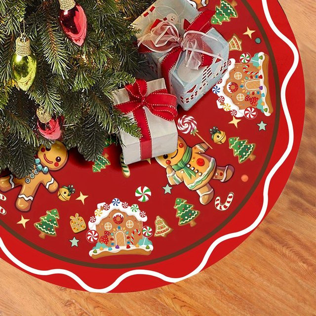 VIKAMA Weihnachts-Baumrock im Lebkuchenhaus-Design, rote Weihnachtsbaummatte mit Ornamenten für dein Zuhause - Bild 1