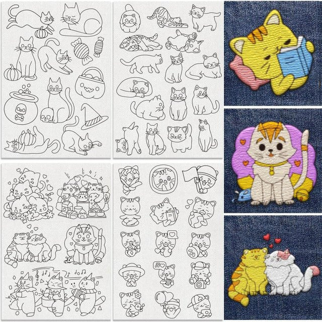 4-Blatt-Stickstabilisator für Katzen – wasserlösliches selbstklebendes Papier mit Katzenmotiven für DIY-Bastelprojekte, A4 - Bild 1