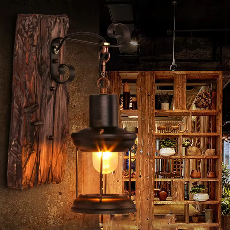 JOYINLED Wandleuchte im industriellen Stil aus Holz und Metall in Schwarz mit transparentem Glas - Bild 3