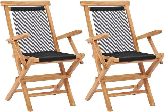 vidaXL Set aus 2 klappbaren Gartenstühlen aus Teakholz mit Seil und Armlehnen, Braun/Schwarz - Bild 1