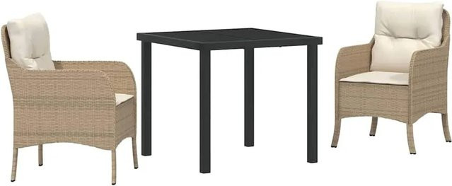 vidaXL 3-teiliges Garten-Ess-Set aus Poly Rattan in Beige mit Kissen und pulverbeschichtetem Stahlrahmen für Terrasse, Veranda oder Balkon - Bild 1