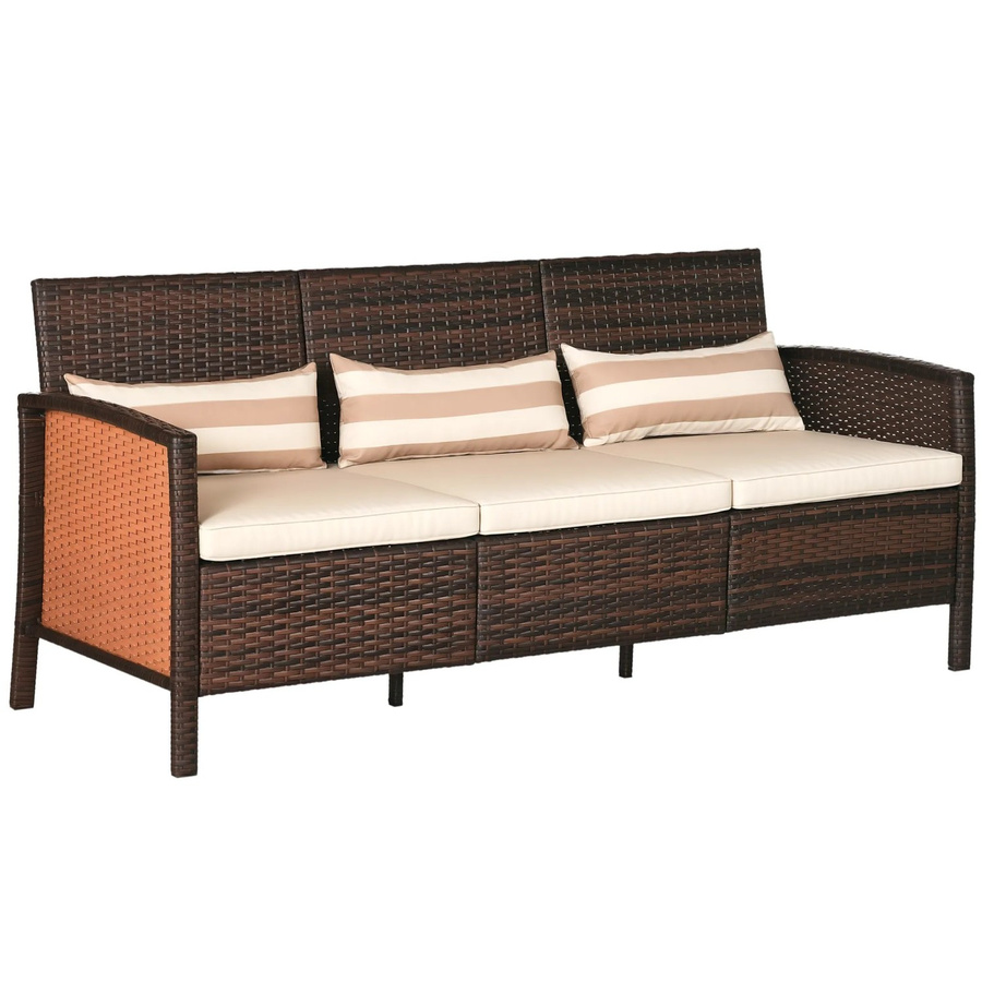 Outsunny Garten-Dreisitzer Rattan Sofa mit Kissen in Braun, Stahlgestell und PE-Rattan, B: 173 cm, T: 68 cm, H: 78 cm - Bild 3