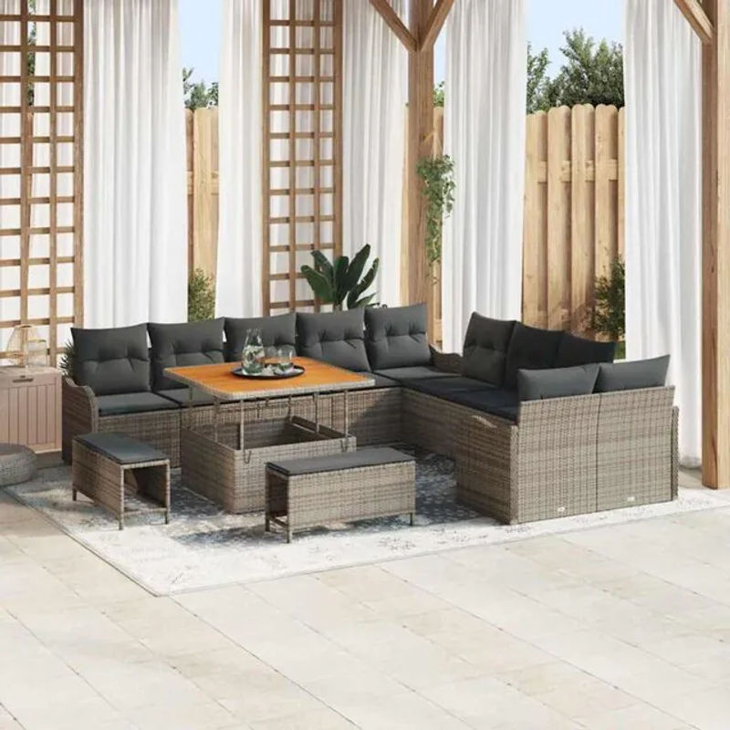 Vidaxl Polyrattan Garten-Sofa-Set mit Kissen und Hocker, 13-teiliges modulares Loungemöbel-Set in Grau, B/T/H: 100 x 100 x 71 cm - Bild 1